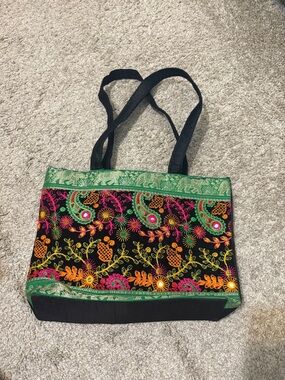 Embroidered Black Tote Bag with Multicolor Floral Accents
